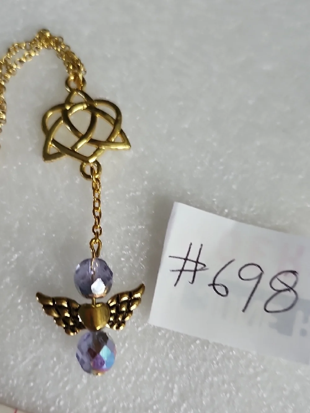 Hand Crafted Gold-Tone Celtic Knot Necklace with Lavender Bead Angel